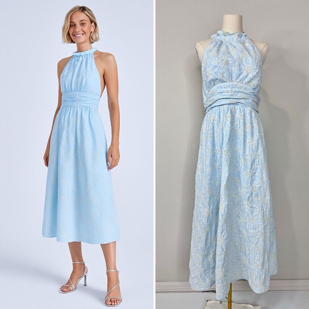 Petal & Pup Taila Halterneck Midi Dress Eyelet  12 Romantic Preppy Baby Shower